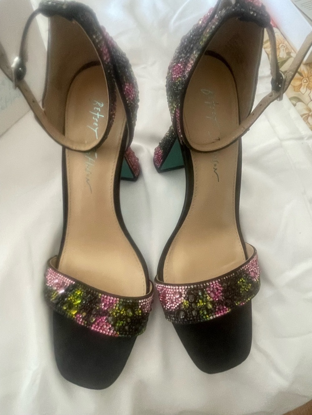 Betsey Johnson Black, Pink & Green Beaded Ankle-Strap Heels